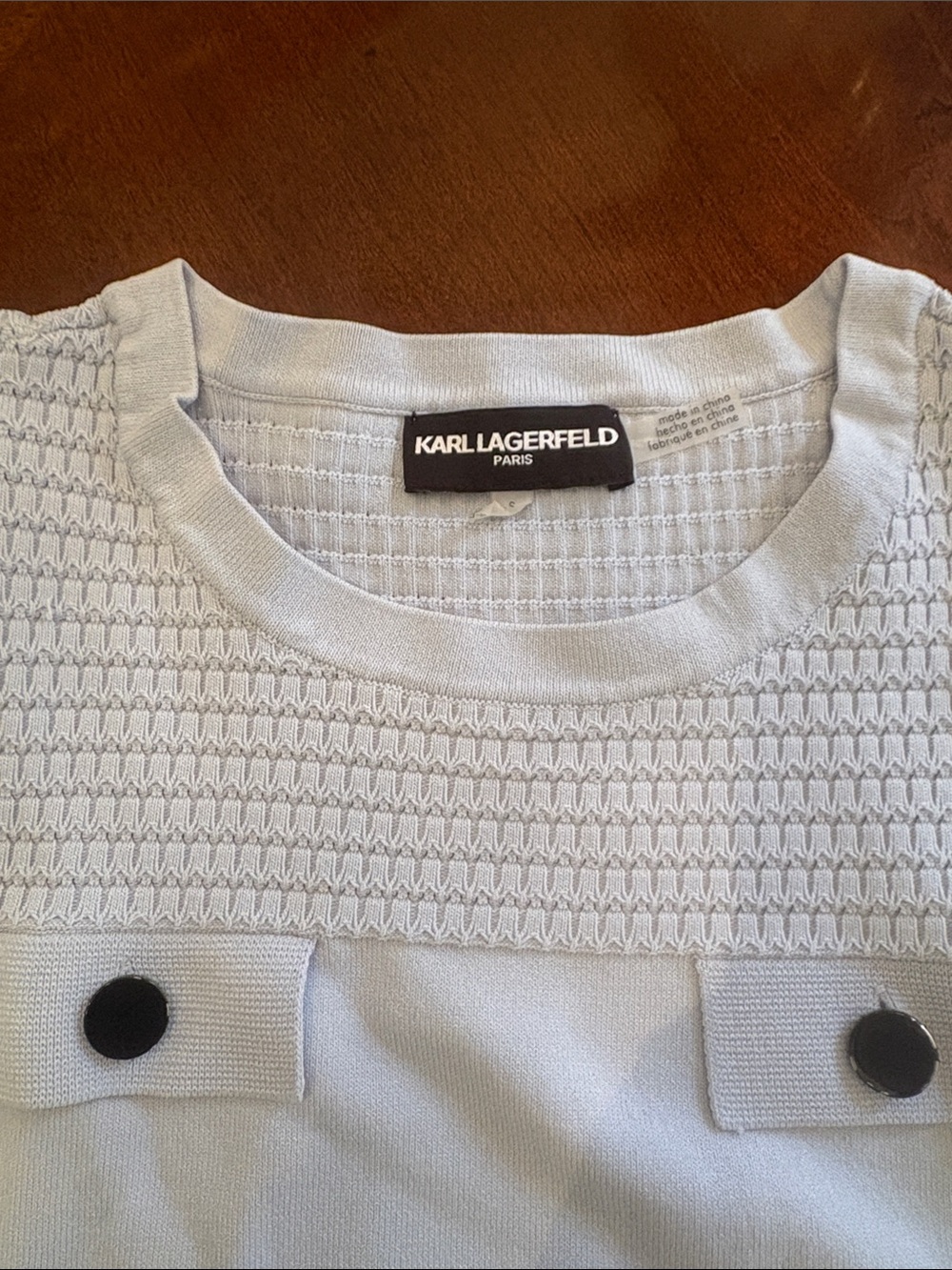 Karl Lagerfeld Light Blue Textured Knit Top with Black Buttons
